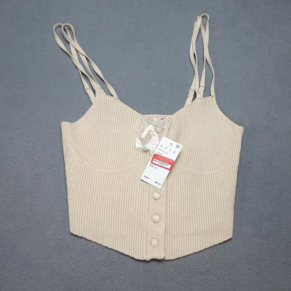 Lush Shirt Womens Small Taupe Ribbed Button Front Cami Crop Knit LT17110-FCI